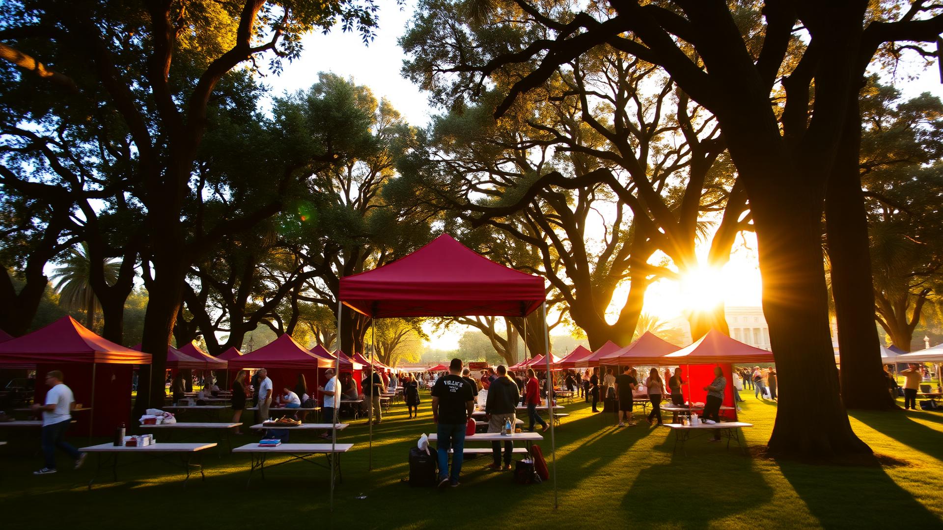 Cardinal fans tailgating under the oaks before kickoff